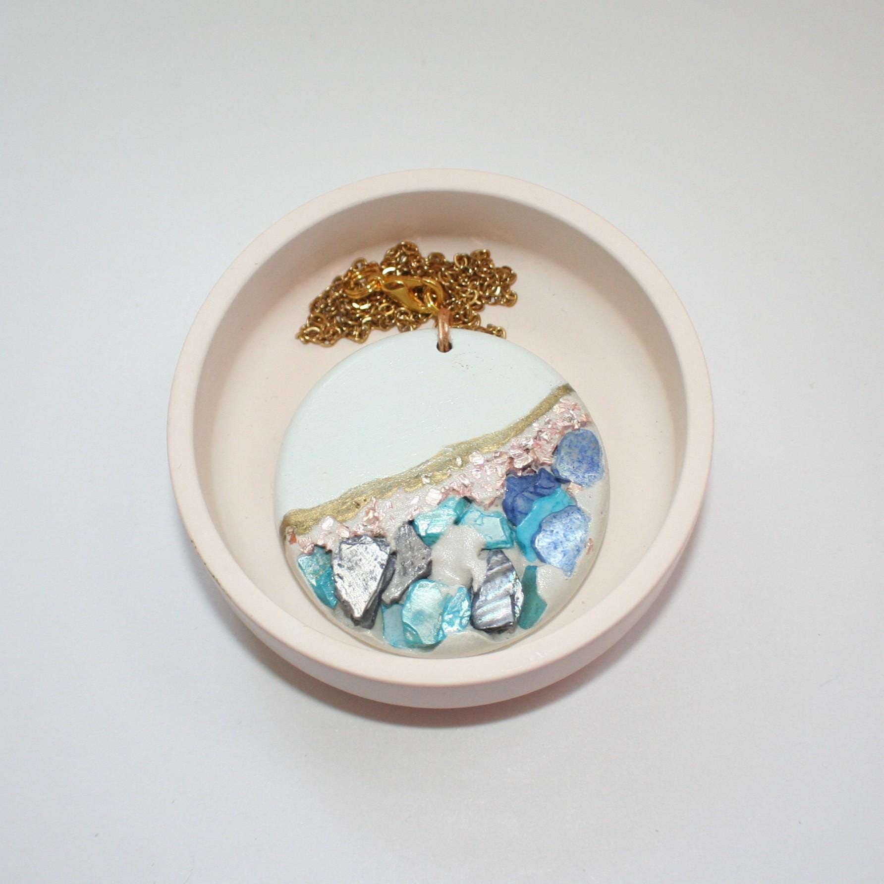 Handmade Concrete Pendant with Blue Stones & Rose Gold Accents – 1.75" Round Statement Necklace - Image 9