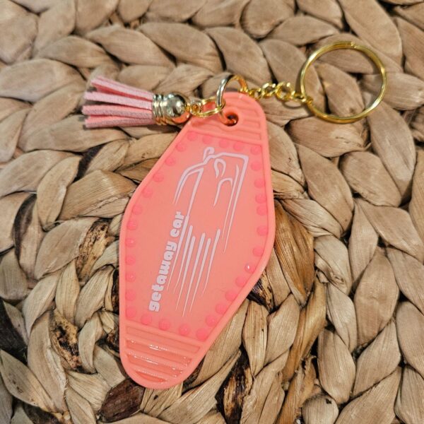 il_fullxfull.7629603525_ev34 Getaway Car Motel Keychain: Coral Pink Rhinestone Tassel, Swiftie Gift