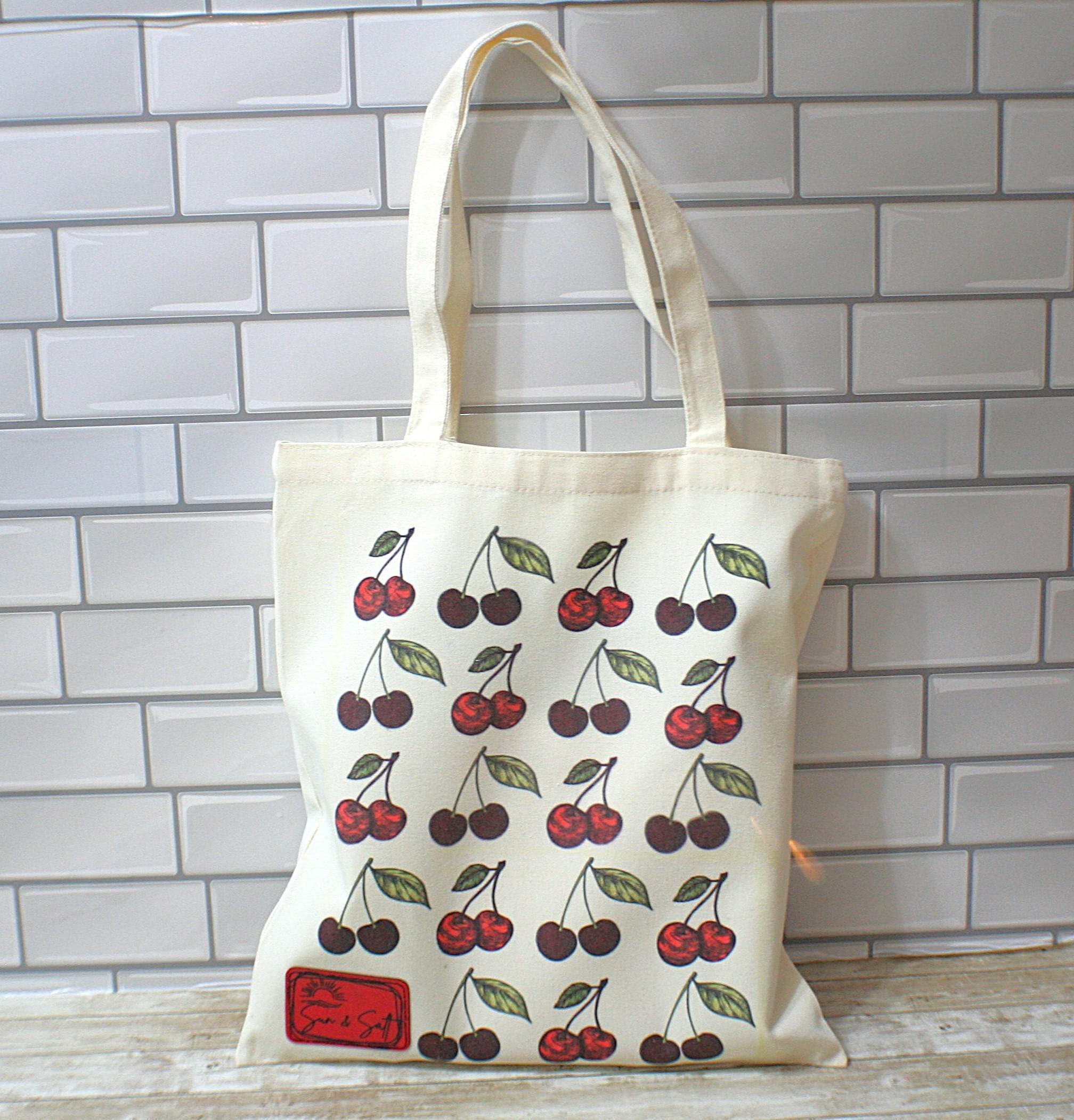 Cherry Canvas Tote Bag: Hand-Drawn Fruit Art, Summer Market Bag