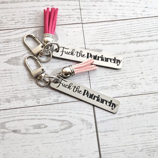 Fuck the Patriarchy Keychain – Engraved Stainless Steel Bar with Pink Tassel – Feminist Gift