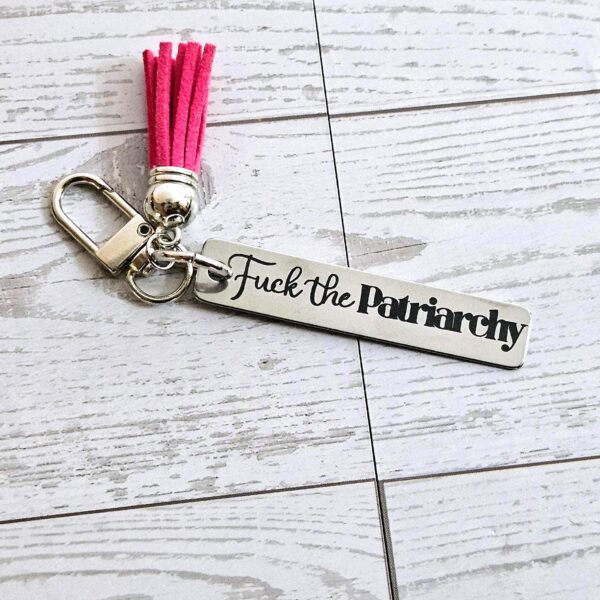 Fuck the Patriarchy Keychain – Engraved Stainless Steel Bar with Pink Tassel – Feminist Gift