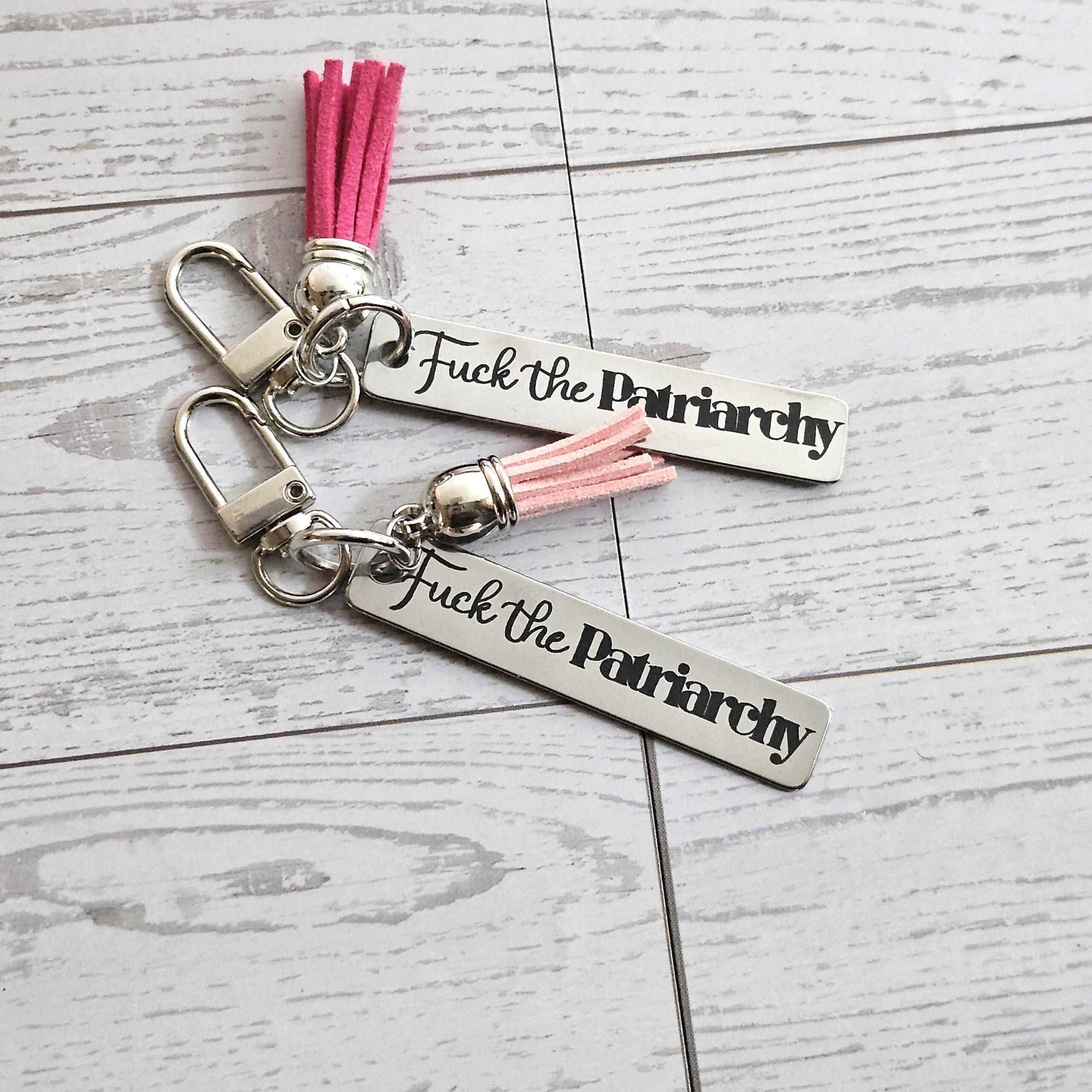 Fuck the Patriarchy Keychain – Engraved Stainless Steel Bar with Pink Tassel – Feminist Gift - Image 6