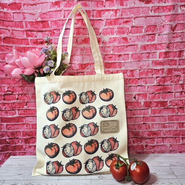 Tomato Tote Bag: Hand-Colored Canvas Grocery Bag with Leatherette Patch