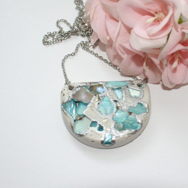 il_fullxfull.7629610253_c3l2 Handmade Concrete Pendant: Blue Iridescent Stone Inlay, Silver Chrome Accent