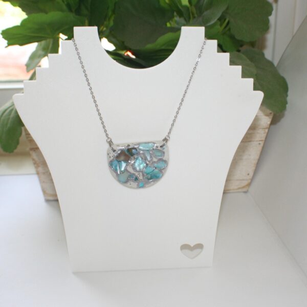 il_fullxfull.7629610327_23k8 Handmade Concrete Pendant: Blue Iridescent Stone Inlay, Silver Chrome Accent