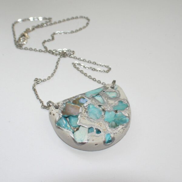 il_fullxfull.7629610487_qvhm-1 Handmade Concrete Pendant: Blue Iridescent Stone Inlay, Silver Chrome Accent