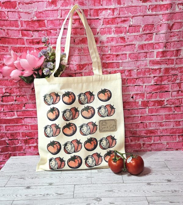 Tomato Tote Bag: Hand-Colored Canvas Grocery Bag with Leatherette Patch