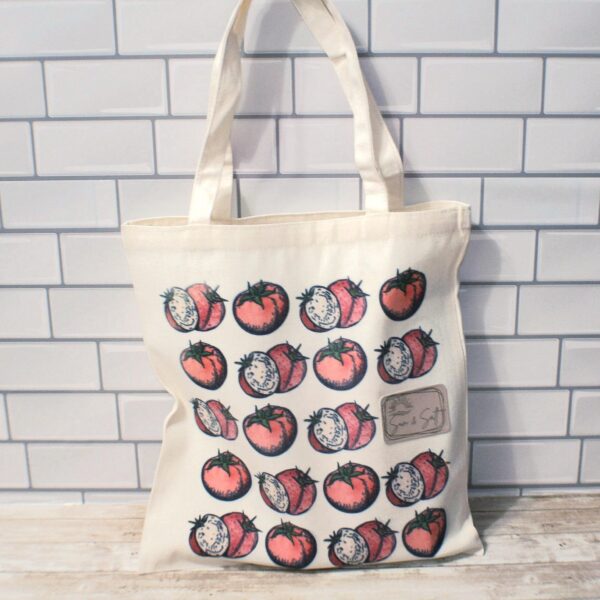 Tomato Tote Bag: Hand-Colored Canvas Grocery Bag with Leatherette Patch