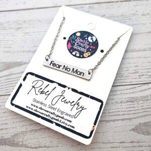 Fear No Man Necklace – Feminist Jewelry Gift – Stainless Steel Bar Pendant with Black Engraving