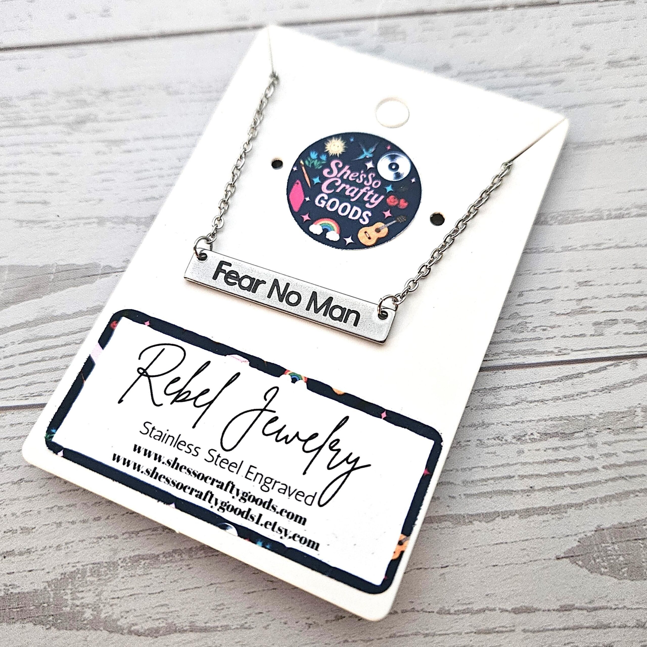 Fear No Man Necklace – Feminist Jewelry Gift – Stainless Steel Bar Pendant with Black Engraving