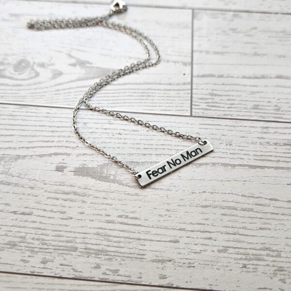 Fear No Man Necklace – Feminist Jewelry Gift – Stainless Steel Bar Pendant with Black Engraving