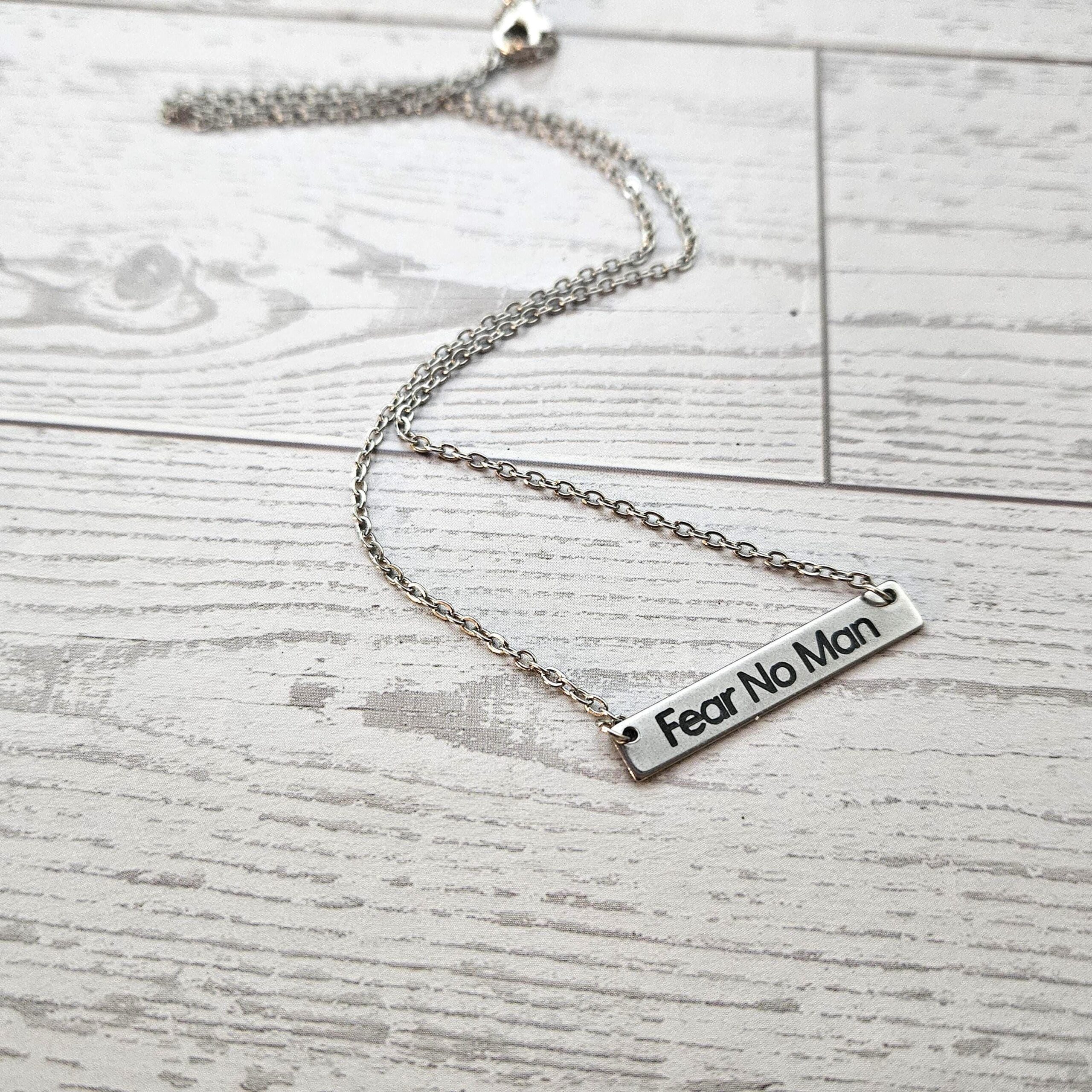 Fear No Man Necklace – Feminist Jewelry Gift – Stainless Steel Bar Pendant with Black Engraving - Image 7