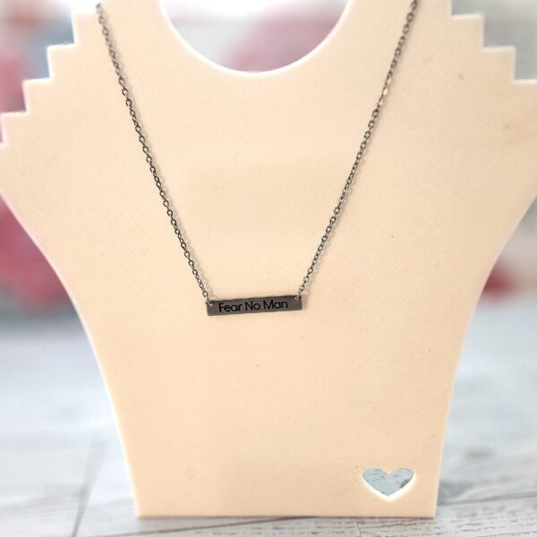 Fear No Man Necklace – Feminist Jewelry Gift – Stainless Steel Bar Pendant with Black Engraving