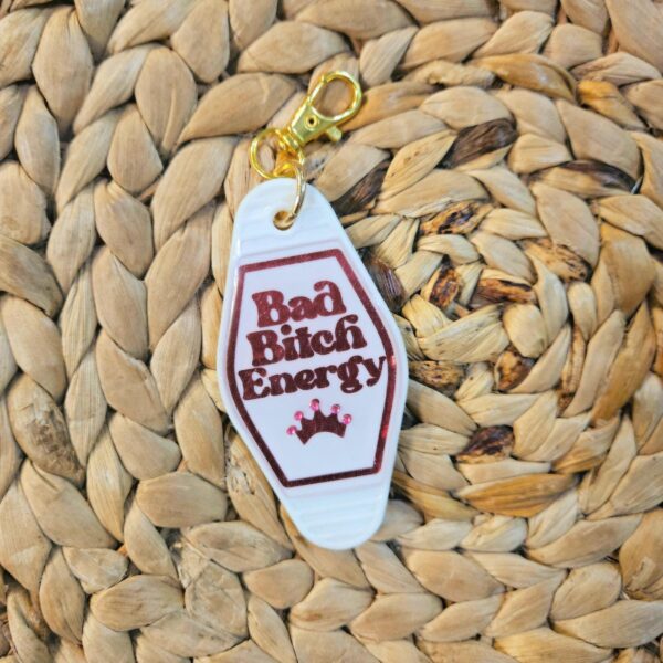 il_fullxfull.7629612341_nb83 Motel Keychain - Bad Bitch Energy - White Keychain - Gifts For Her - Retro Keychain - Rhinestone accented keychain