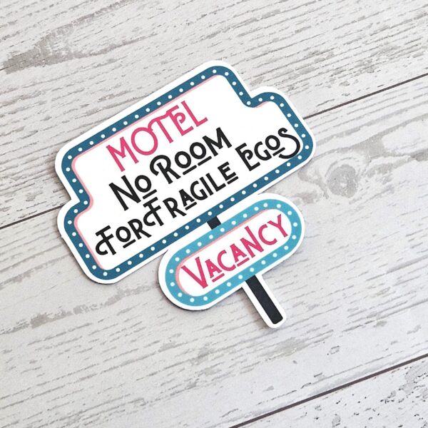 il_fullxfull.7629615281_f5yu No Room for Fragile Egos Sticker: Retro Motel Sign, Feminist Vinyl Decal