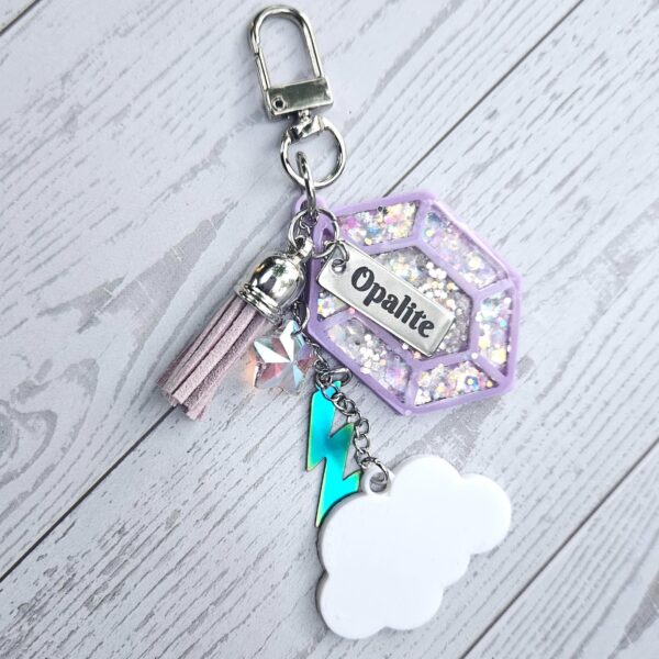 il_fullxfull.7629615421_syuh Opalite Bag Charm | Glow In The Dark Lightning Strike Keychain | Custom Engraved Gift