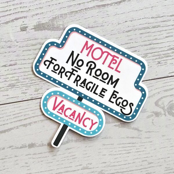 il_fullxfull.7629615637_jedn No Room for Fragile Egos Sticker: Retro Motel Sign, Feminist Vinyl Decal