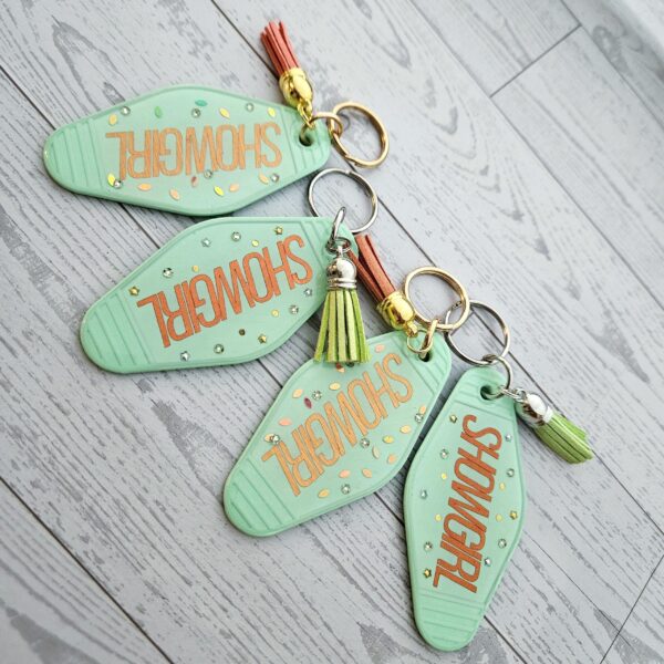 il_fullxfull.7629617239_mxx6-2 Rhinestone Showgirl Motel Keychain: Mint Green Glitter Resin Key Tag - Choose Style and Attachment