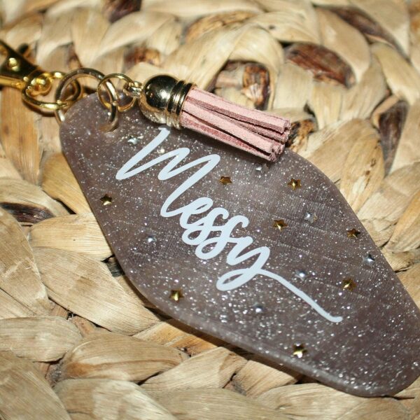 Sparkling Bronze Messy Queen Keychain with Glitter & Stars - Durable, Shiny, Stylish Accessory
