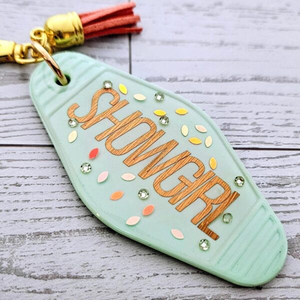 il_fullxfull.7629617325_do5c Rhinestone Showgirl Motel Keychain: Mint Green Glitter Resin Key Tag - Choose Style and Attachment