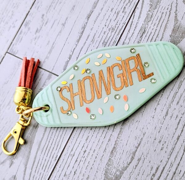 il_fullxfull.7629617429_m02l Rhinestone Showgirl Motel Keychain: Mint Green Glitter Resin Key Tag - Choose Style and Attachment