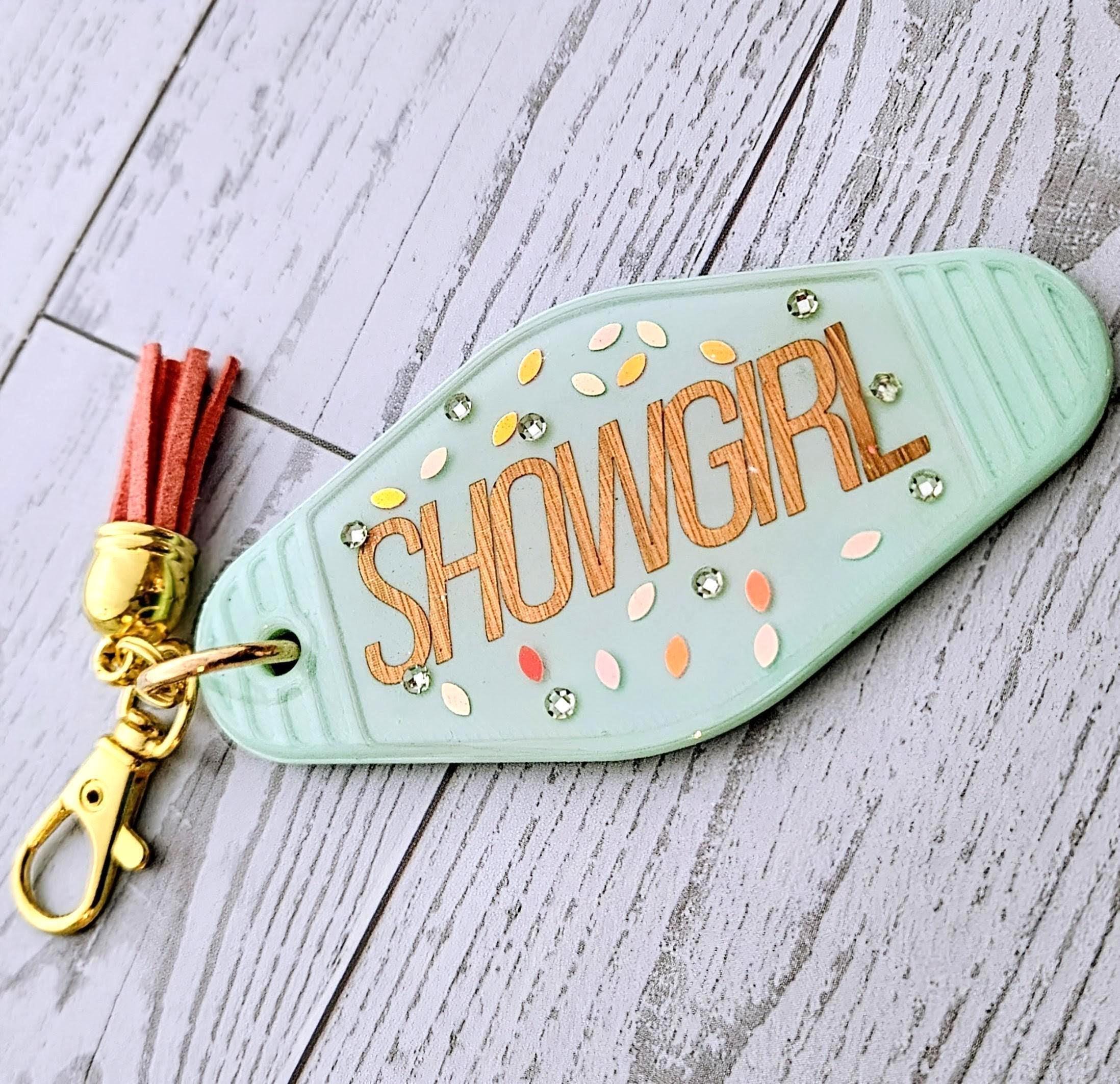 Rhinestone Showgirl Motel Keychain: Mint Green Glitter Resin Key Tag - Choose Style and Attachment - Image 5
