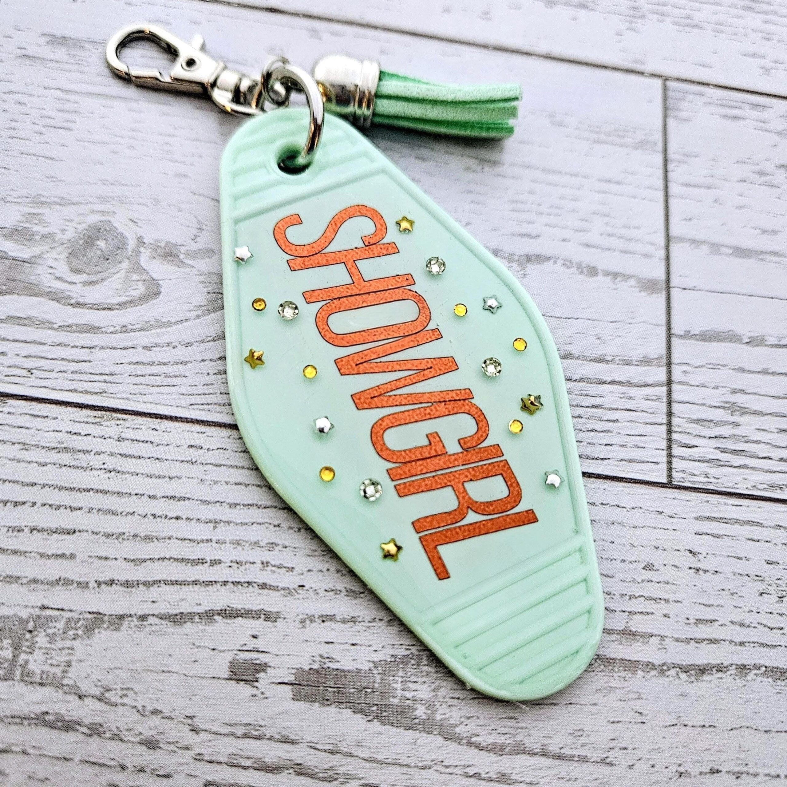 Rhinestone Showgirl Motel Keychain: Mint Green Glitter Resin Key Tag - Choose Style and Attachment - Image 7