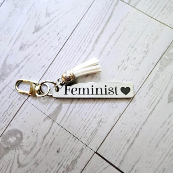 Feminist Keychain – Stainless Steel Statement Accessory with Pink Tassel – Feminist Gift