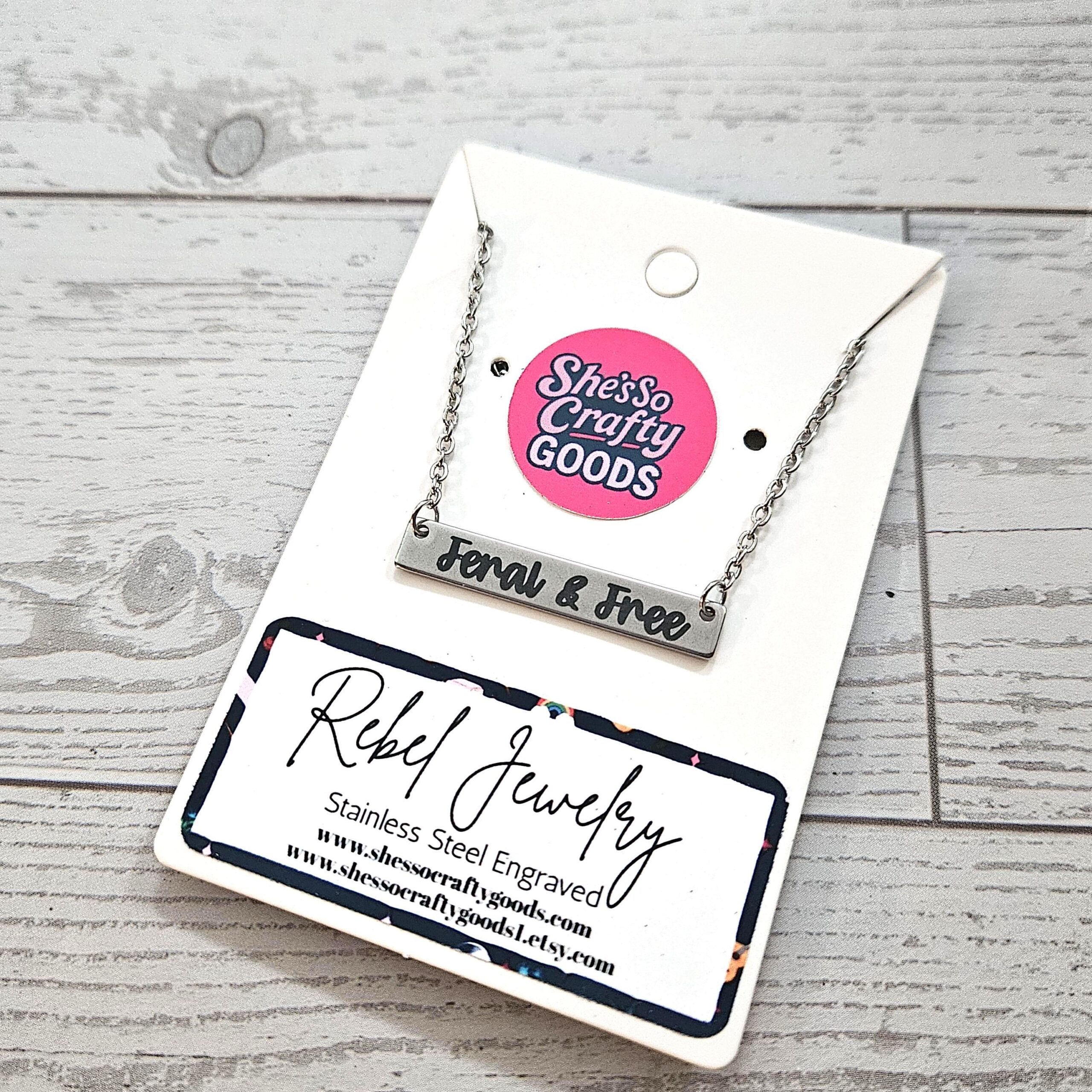 Feral and Free Necklace – Feminist Jewelry Gift – Stainless Steel Bar Pendant with Black Engraving