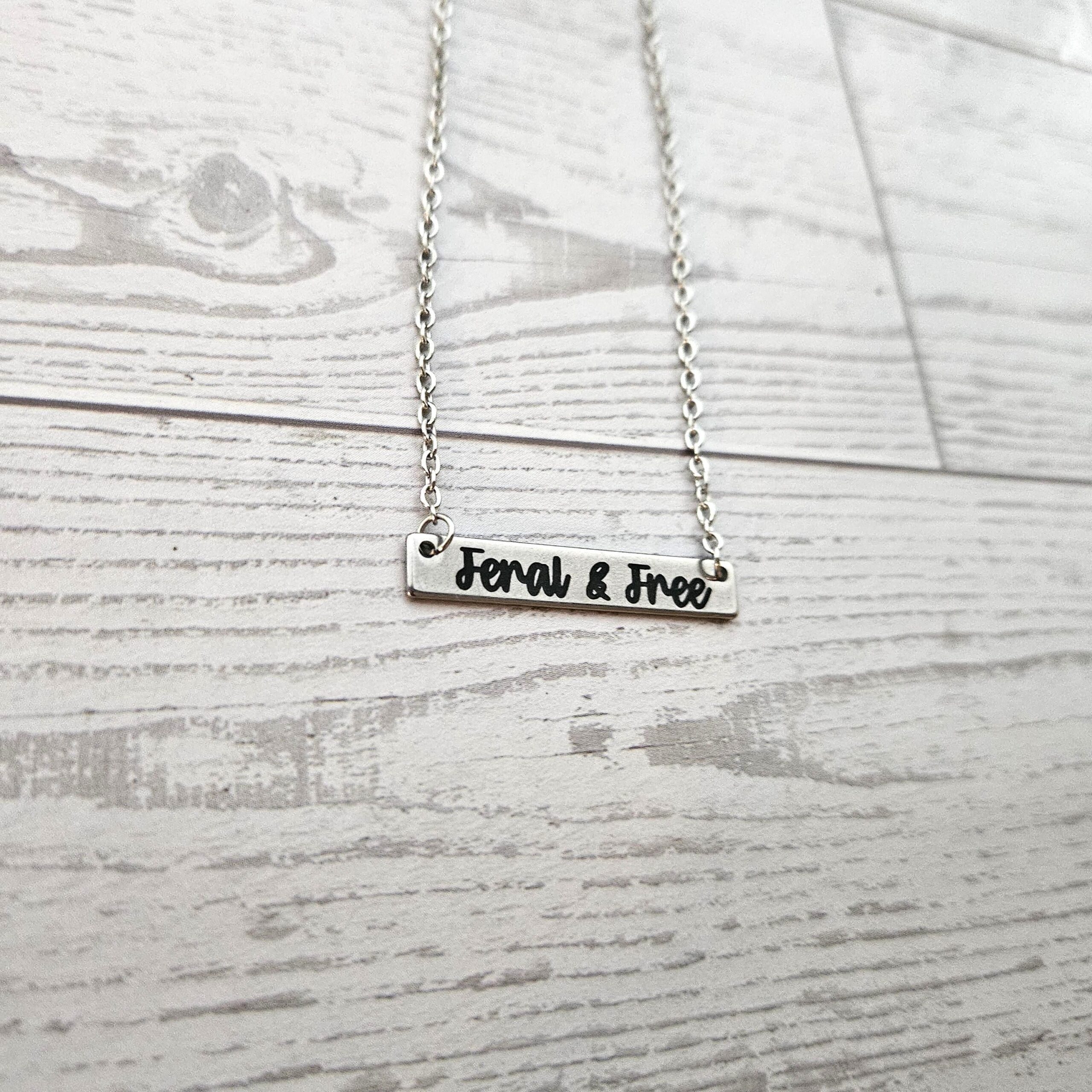 Feral and Free Necklace – Feminist Jewelry Gift – Stainless Steel Bar Pendant with Black Engraving - Image 5