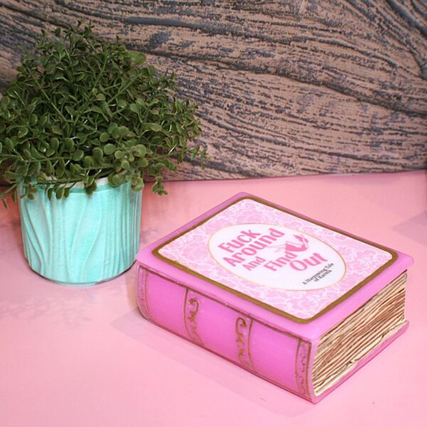 Resin Book Box: 'Fuck Around and Find Out - Handcrafted Storage for Book Lovers 4 Hide your treasures in plain sight with this handmade resin book box—a sassy and stylish storage solution for any book lover! Designed to blend seamlessly into your bookshelf or desk, this epoxy resin book box is both functional and eye-catching. ✨ Features: 📖 Handcrafted with high-quality tinted epoxy resin – durable, glossy, and built to last. 🎨 Hand-painted page details – complete with gold accents on the edges and spine for that luxury book aesthetic. 💖 Custom-designed cover – featuring a pi (4)
