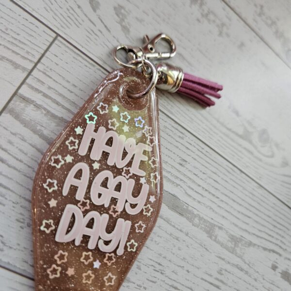 il_fullxfull.7629623451_qzqq-1 Retro "Have a Gay Day" Keychain: 3D Printed Glitter Pride Key Fob