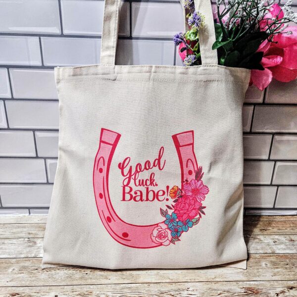 il_fullxfull.7629624881_nyib-2 Chappell Inspired Tote Bag, Good Luck Babe Floral Horseshoe Design, Pop Music Fan Bag