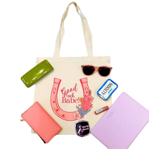 il_fullxfull.7629625215_msnl Chappell Inspired Tote Bag, Good Luck Babe Floral Horseshoe Design, Pop Music Fan Bag