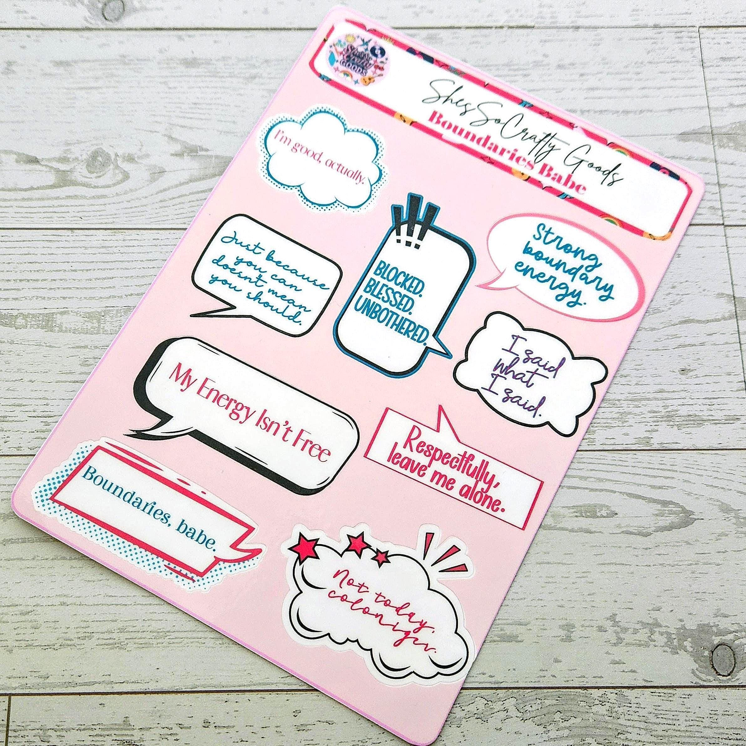 Your journal called—it wants more sass. 💅 Meet the Boundaries Babe Sticker Sheet, your new BFF for journaling, planning, and decorating literally everything in sight. Whether you’re tracking habits, chronicling your villain era 😈, or just adding a pop of personality to your pages, these stickers bring strong boundary energy and strong aesthetic game. With quotes like “My Energy Isn’t Free” and “Respectfully, Leave Me Alone,” this sheet is basically a self-care pep talk in vinyl form. 💡 Why You’l (6)