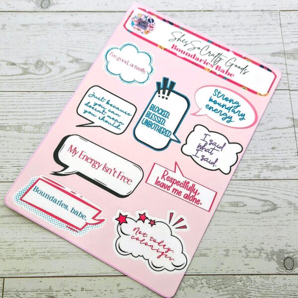 Undo Test Mutated 1781743931904 3 Your journal called—it wants more sass. 💅 Meet the Boundaries Babe Sticker Sheet, your new BFF for journaling, planning, and decorating literally everything in sight. Whether you’re tracking habits, chronicling your villain era 😈, or just adding a pop of personality to your pages, these stickers bring strong boundary energy and strong aesthetic game. With quotes like “My Energy Isn’t Free” and “Respectfully, Leave Me Alone,” this sheet is basically a self-care pep talk in vinyl form. 💡 Why You’l (3)