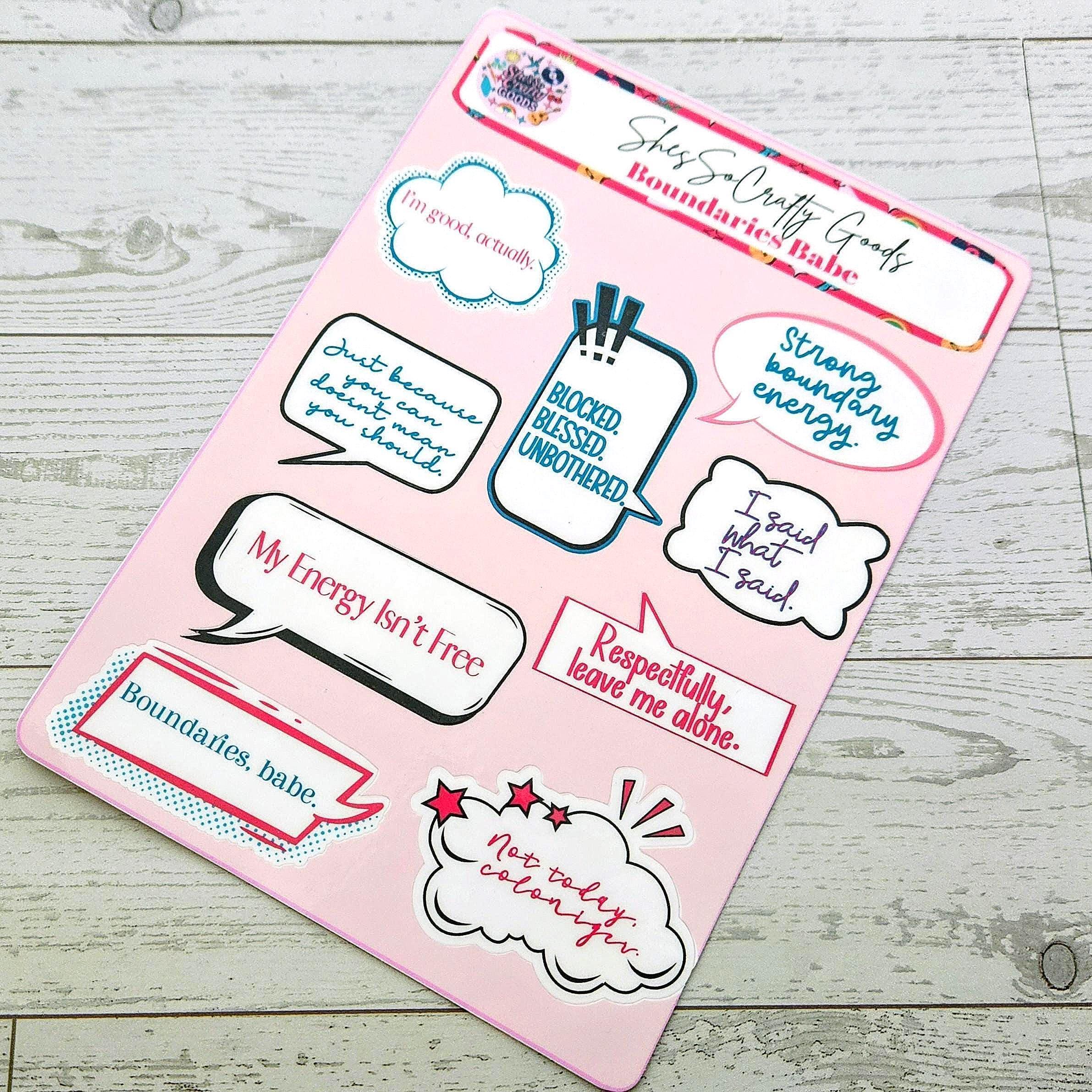 Your journal called—it wants more sass. 💅 Meet the Boundaries Babe Sticker Sheet, your new BFF for journaling, planning, and decorating literally everything in sight. Whether you’re tracking habits, chronicling your villain era 😈, or just adding a pop of personality to your pages, these stickers bring strong boundary energy and strong aesthetic game. With quotes like “My Energy Isn’t Free” and “Respectfully, Leave Me Alone,” this sheet is basically a self-care pep talk in vinyl form. 💡 Why You’l (3)