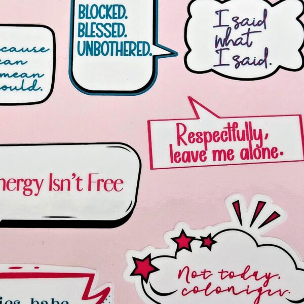 Undo Test Mutated 1781743931904 7 Your journal called—it wants more sass. 💅 Meet the Boundaries Babe Sticker Sheet, your new BFF for journaling, planning, and decorating literally everything in sight. Whether you’re tracking habits, chronicling your villain era 😈, or just adding a pop of personality to your pages, these stickers bring strong boundary energy and strong aesthetic game. With quotes like “My Energy Isn’t Free” and “Respectfully, Leave Me Alone,” this sheet is basically a self-care pep talk in vinyl form. 💡 Why You’l (7)
