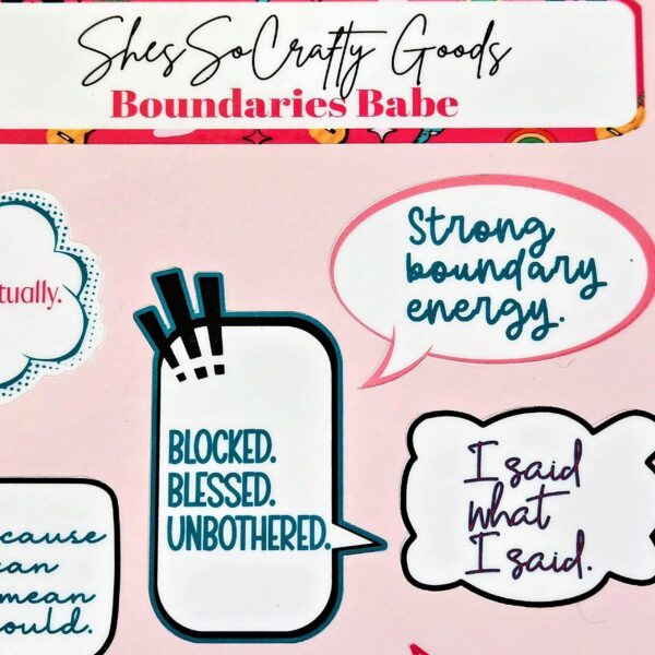 Undo Test Mutated 1781743931904 8 Your journal called—it wants more sass. 💅 Meet the Boundaries Babe Sticker Sheet, your new BFF for journaling, planning, and decorating literally everything in sight. Whether you’re tracking habits, chronicling your villain era 😈, or just adding a pop of personality to your pages, these stickers bring strong boundary energy and strong aesthetic game. With quotes like “My Energy Isn’t Free” and “Respectfully, Leave Me Alone,” this sheet is basically a self-care pep talk in vinyl form. 💡 Why You’l (8)