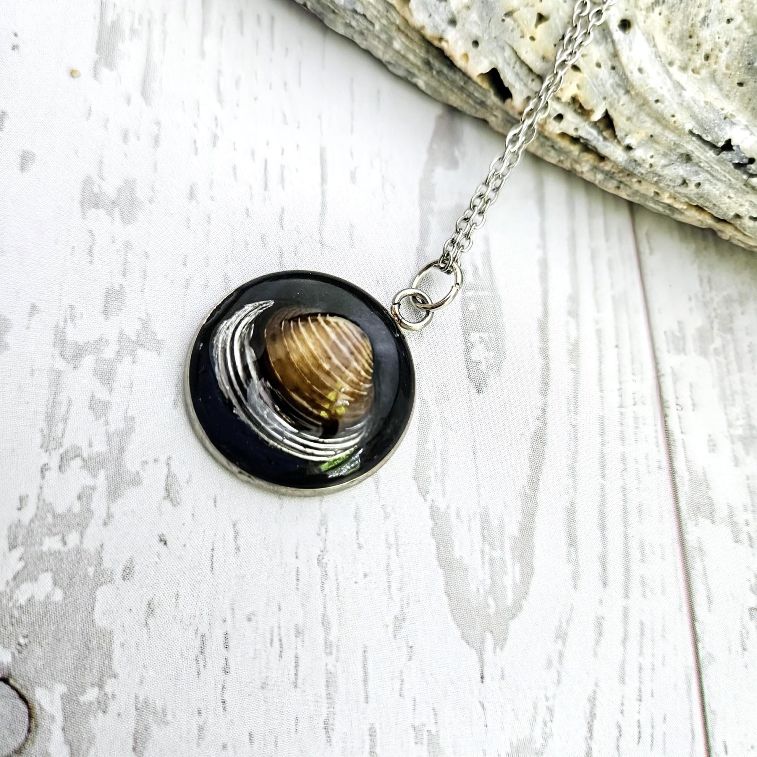 Real River Clam Shell Necklace – Handmade Coastal Pendant with Silver Tip – One of a Kind - Image 3