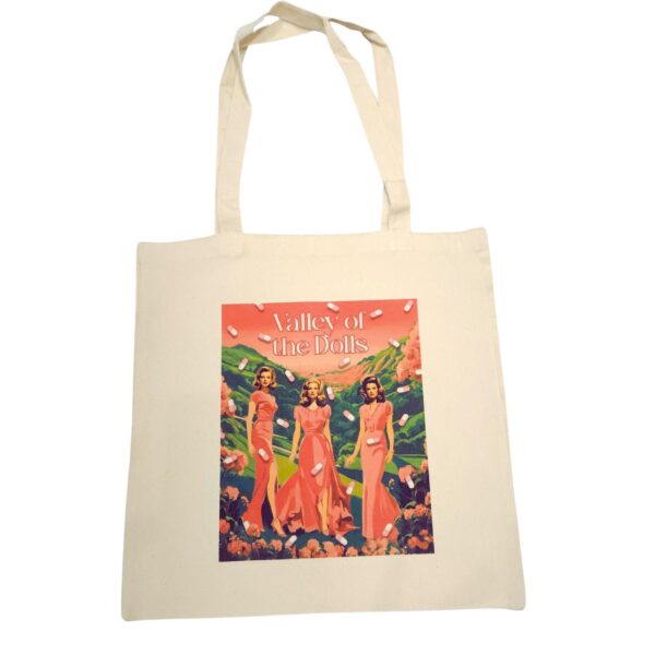 The ultimate stylish gift for the bookworm or vintage cinema lover in your life! 🌸🎬 Step into the glam world of Valley of the Dolls with our stunning tote bag, featuring original pink and green artwork inspired by the iconic novel and film. This stylish, heavy-duty canvas tote is perfect for everyday use and durable enough for whatever life throws your way. The original design is sublimated directly onto the canvas, ensuring long-lasting beauty. Whether you're a fan of retro chic or looking for (7)