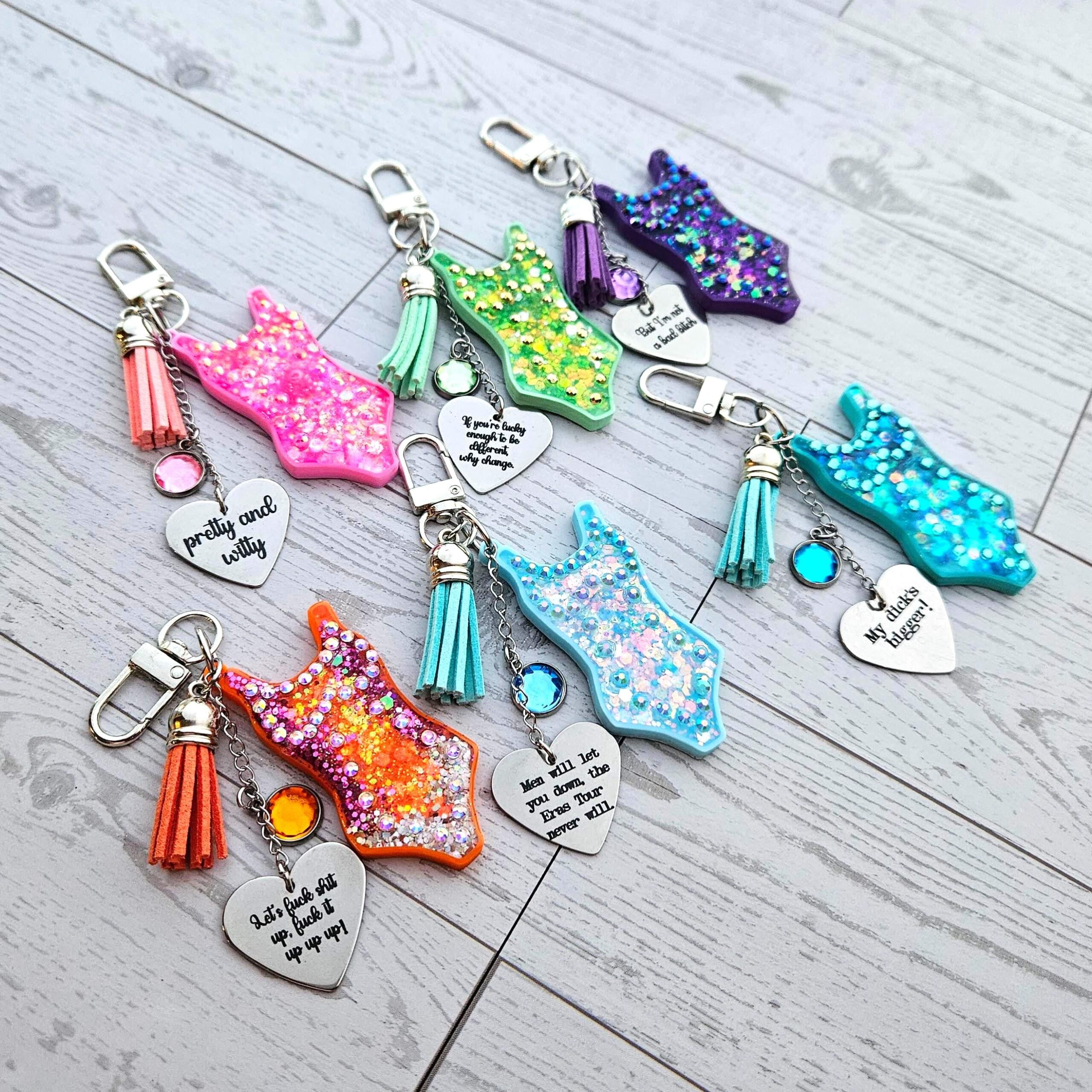 Custom Showgirl Eras Bodysuit Keychain – Personalized Glitter Resin Bag Charm with Engraved Quote