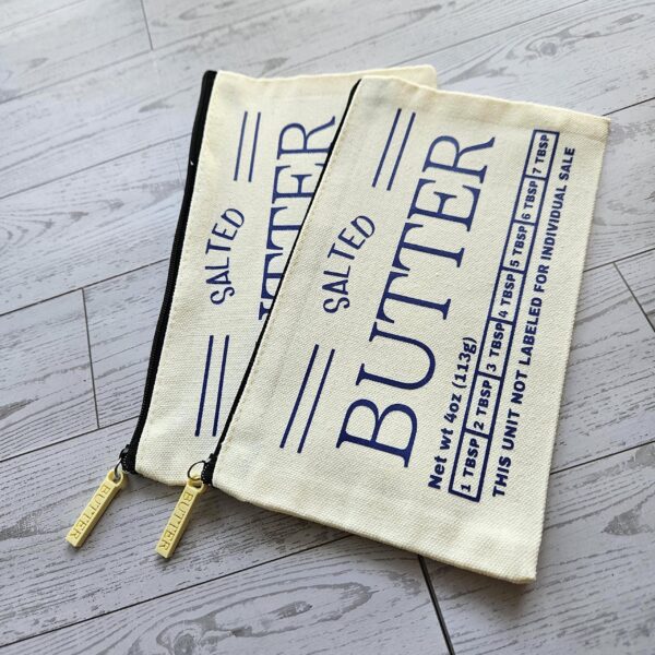 Butter Stick Canvas Zip Pouch, Retro Foodie Makeup Bag, 3D Printed Zipper Pull