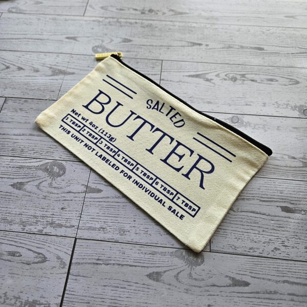 Butter Stick Canvas Zip Pouch, Retro Foodie Makeup Bag, 3D Printed Zipper Pull