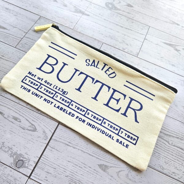Butter Stick Canvas Zip Pouch, Retro Foodie Makeup Bag, 3D Printed Zipper Pull