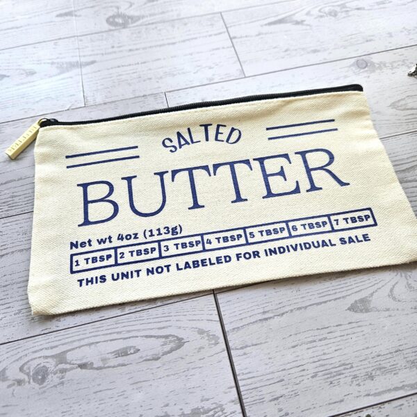 Butter Stick Canvas Zip Pouch, Retro Foodie Makeup Bag, 3D Printed Zipper Pull