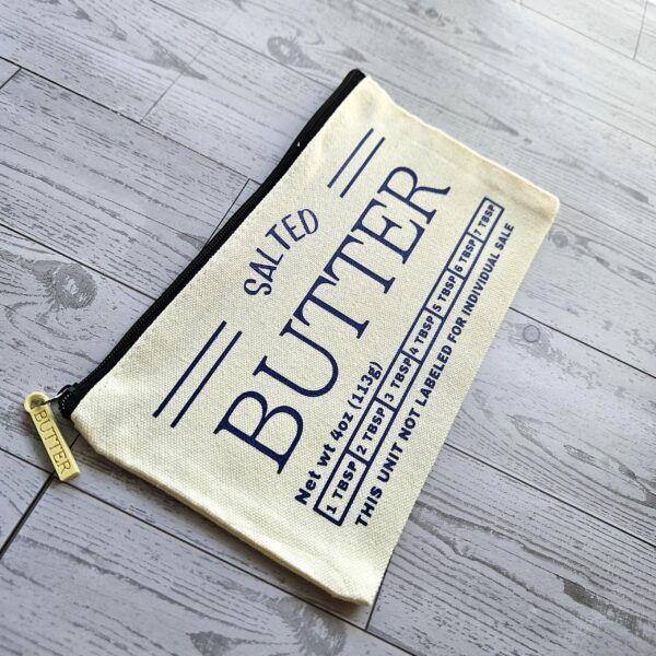 Butter Stick Canvas Zip Pouch, Retro Foodie Makeup Bag, 3D Printed Zipper Pull
