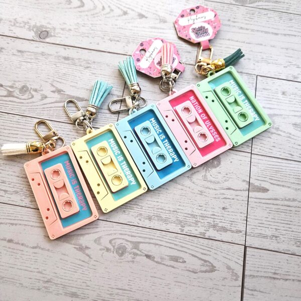 il_fullxfull.7731988253_k769-1 Pastel Cassette Bag Charm, Coquette NFC Mixtape Keychain, Y2K Music Gift