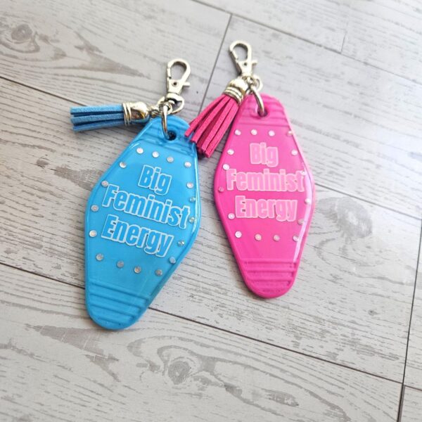 Big Feminist Energy Motel Keychain | Retro Rhinestone Bag Charm