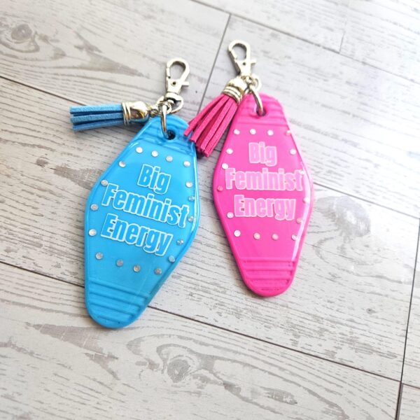 Big Feminist Energy Motel Keychain | Retro Rhinestone Bag Charm